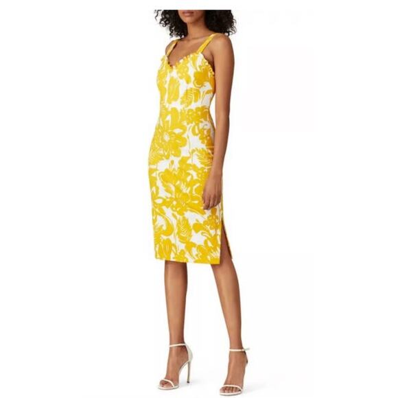 TRINA TURK Women Zile Floral Ruffle Sheath Dress Marigold White Yellow Size 10 - Picture 1 of 16